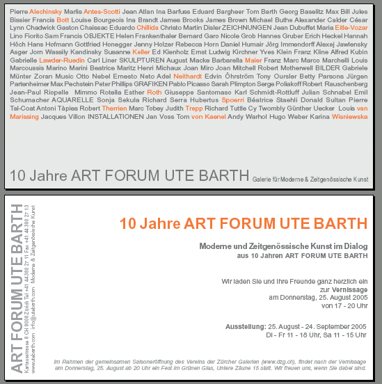 EINLADUNGSKARTE ZUR AUSSTELLUNG 10 JAHRE ART FORUM UTE BARTH - MODERNE UND ZEITGENSSISCHE KUNST IN ZUERICH