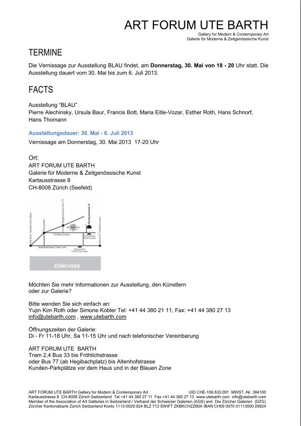 Ausstellung BLAU in der Galerie ART FORUM UTE BARTH 30.5.-6.7.2013