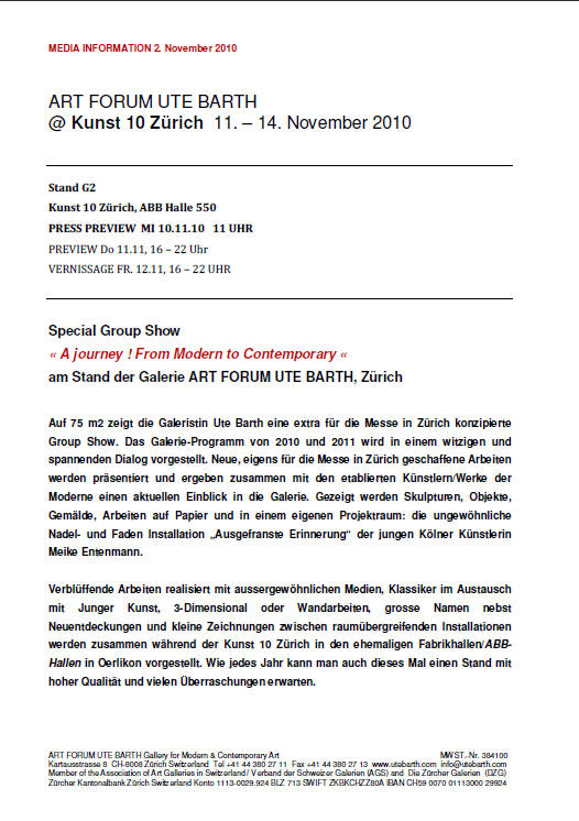 Link zur Pressemeldung / Press Release Ute Barth @ KUNST 10 Z�RICH 11.-14- November 2010 - AKTUELL